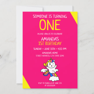 Girly Pink und Yellow Niedlich Unicorn 1. Geburtst Einladung