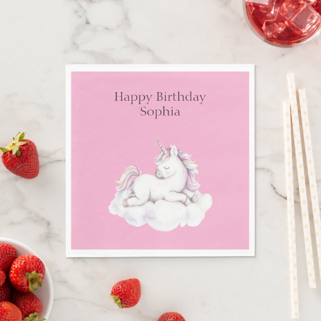 Girly Pink Unicorn on Cloud Birthday Serviette (Beispiel)