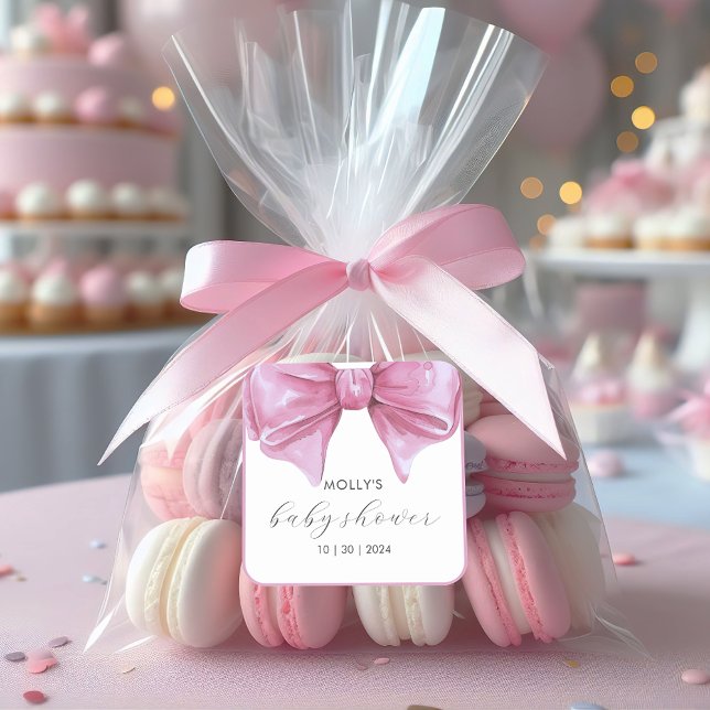 Girly Pink Watercolor Bow Babydusche Quadratischer Aufkleber (Girly Pink Watercolor Bow Baby Shower Square Sticker)