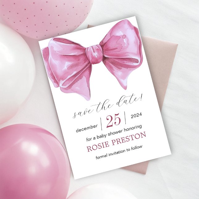 Girly Pink Watercolor Bow Babydusche Save The Date (Girly Pink Watercolor Bow Baby Shower Save The Date!)