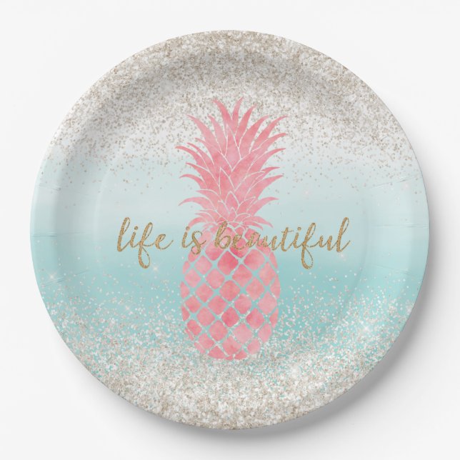 Girly Pink Watercolor Tropische Ananas Pappteller (Vorderseite)