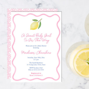 Girly Pink Wavy Line Lemon Sweet Baby Girl Dusche Einladung