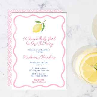 Girly Pink Wavy Line Lemon Sweet Baby Girl Dusche Einladung