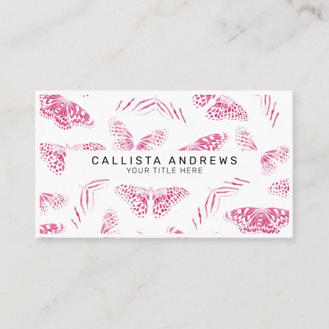 Girly Pink White Butterfets Wasserfarben Muster Visitenkarte (Vorderseite)