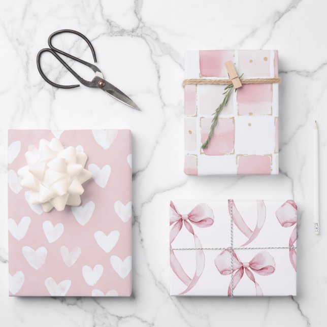 Girly Pink White Hearts Geburtstag Geschenkpapier Set (Vorderseite)