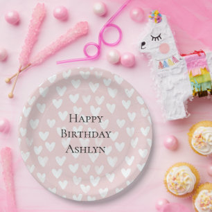 Girly Pink White Hearts Geburtstag Pappteller