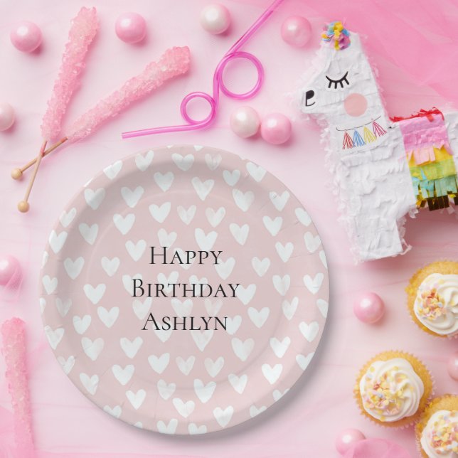 Girly Pink White Hearts Geburtstag Pappteller (Party)