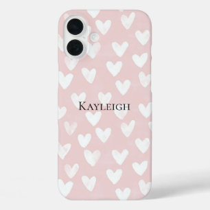 Girly Pink White Hearts iPhone 16 Plus Hülle