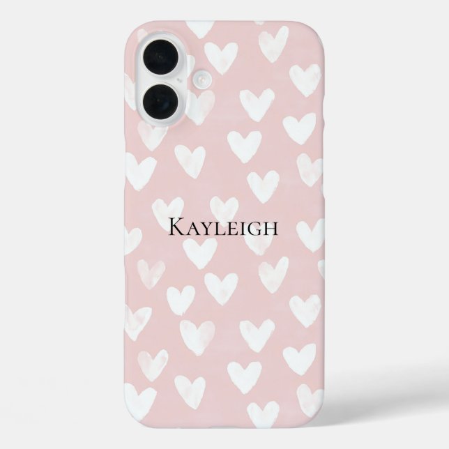Girly Pink White Hearts iPhone 16 Plus Hülle (Rückseite)
