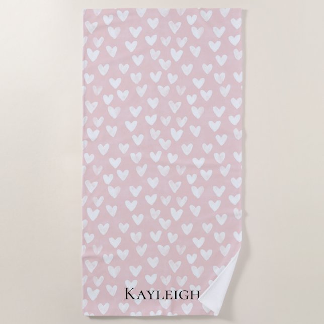 Girly Pink White Hearts Strandtuch (Vorderseite)