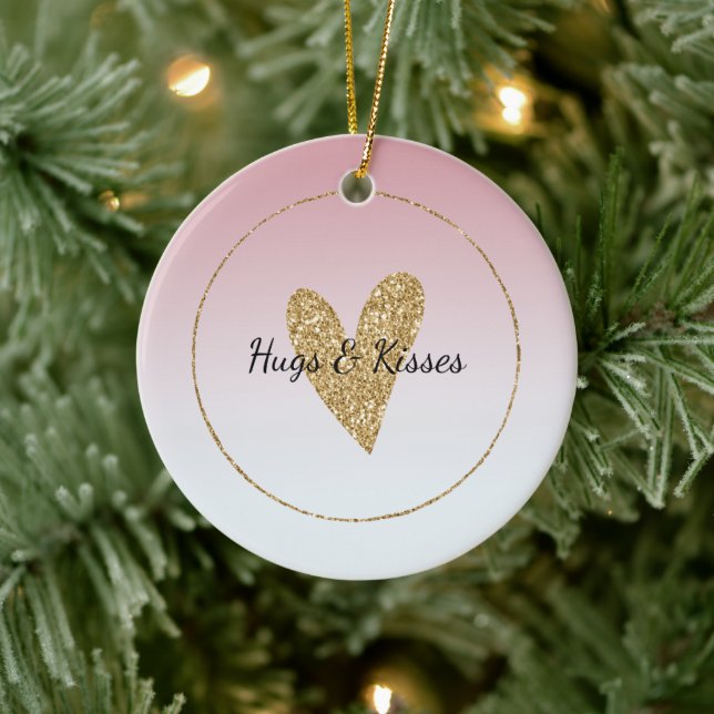 Girly Pink White Ombre Gold Glitzer Herz Keramik Ornament (Baum)