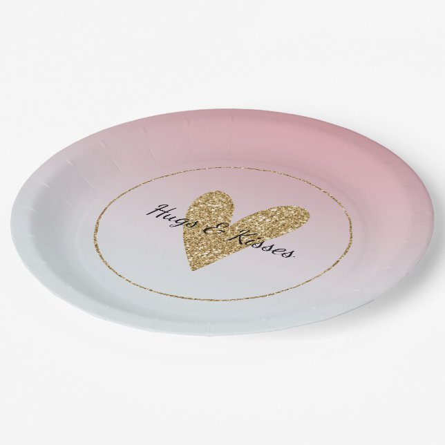 Girly Pink White Ombre Gold Glitzer Herz Pappteller (Schrägansicht)