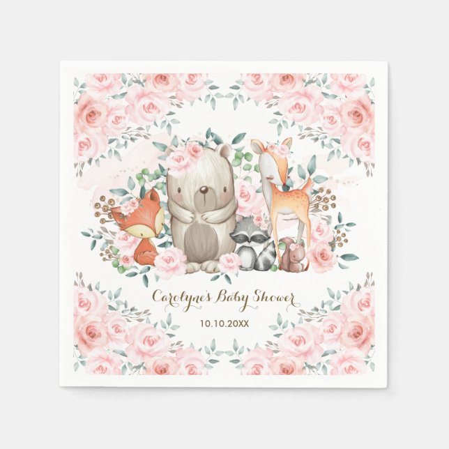 Girly Pink Woodland Baby Animals Forest Blume Serviette (Vorderseite)