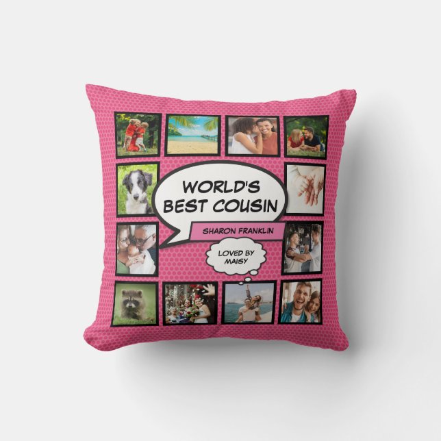 Girly Pink World's Bester Cousin Fun Foto Collage Kissen (Vorderseite)