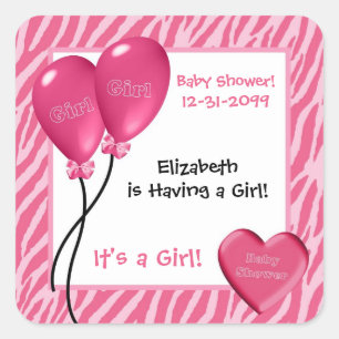 Girly Pink Zebra Print Girl Baby Dusche Quadratischer Aufkleber