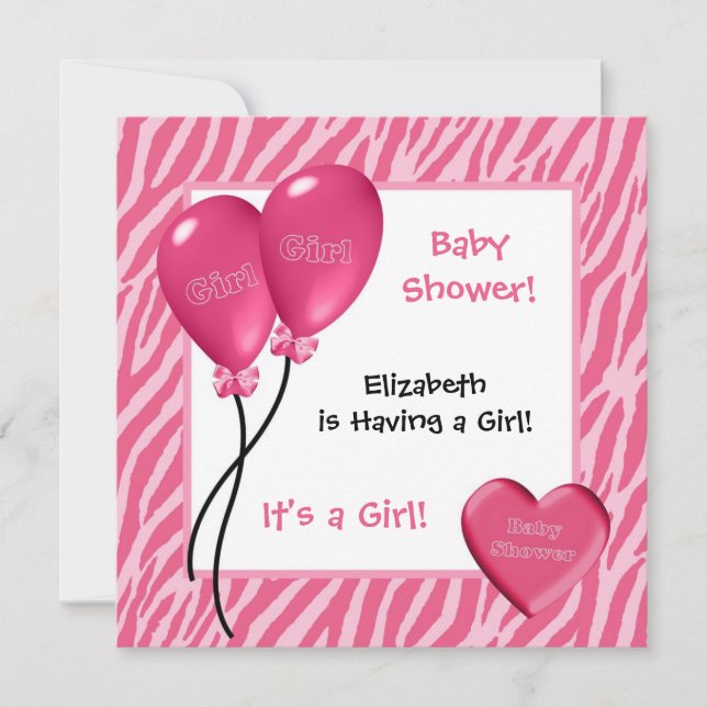 Girly Pink Zebra Print Girl Babydusche Einladung (Vorderseite)