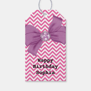 Girly Pink Zickzack Jewel Lila Bow Geburtstag Geschenkanhänger
