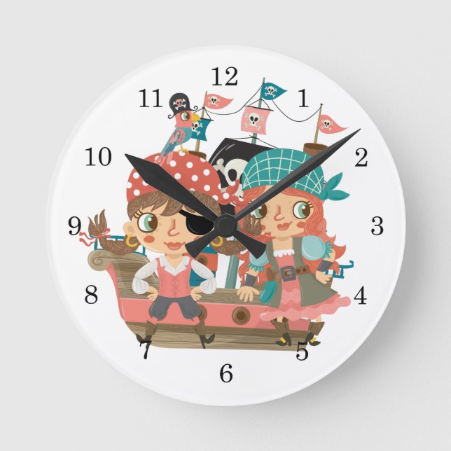 Girly Pirates Runde Wanduhr (Vorderseite)