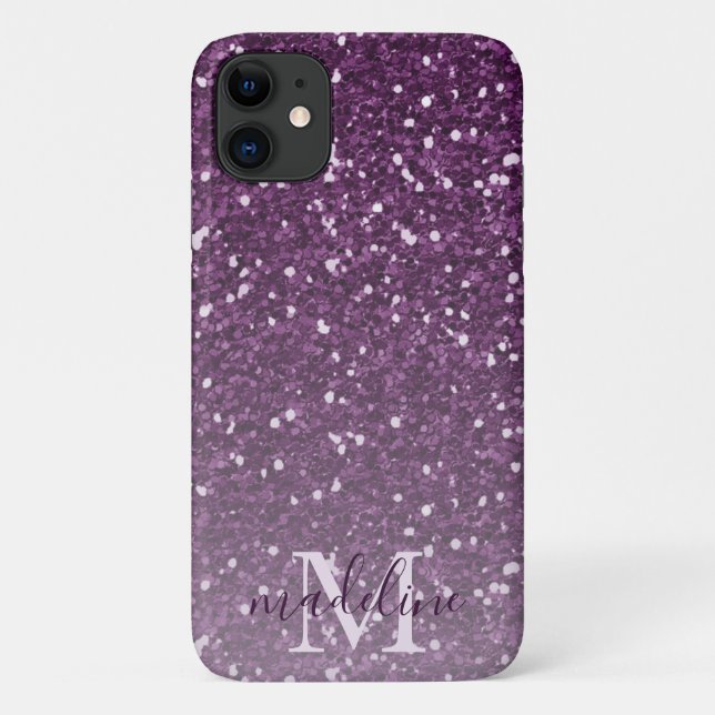 Girly Plum Glitzer Mit Monogramm Name iPhone 11 Case-Mate iPhone Hülle (Rückseite)