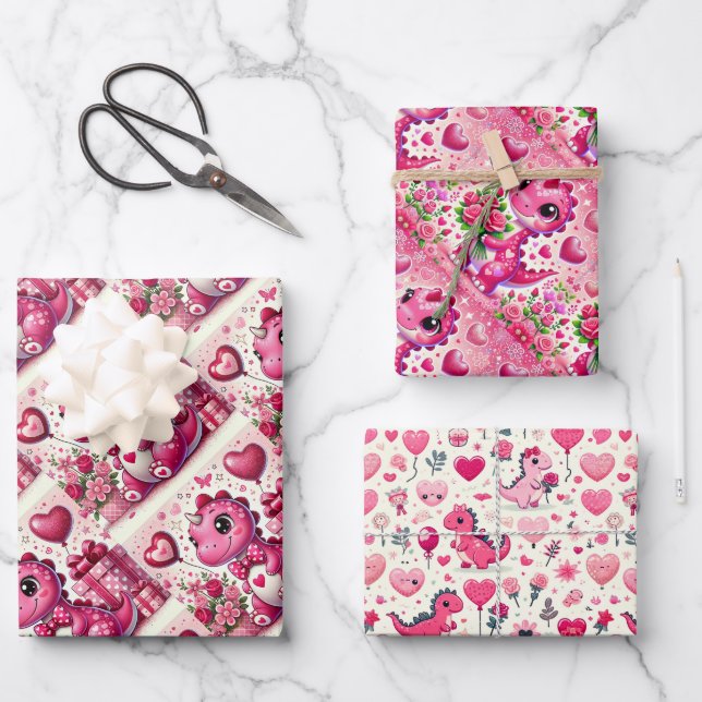 Girly Pop Dinosaur Valentinstag Geschenkpapier Set (Vorderseite)