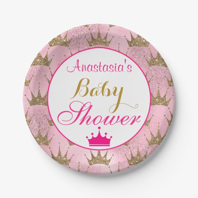 Girly Princess Hot Pink & Gold Glitzer Kinderdusch Pappteller (Vorderseite)