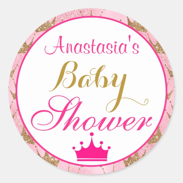 Girly Princess Hot Pink & Gold Glitzer Kinderdusch Runder Aufkleber (Vorderseite)
