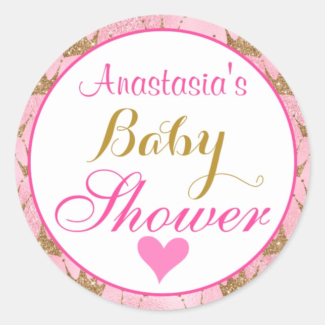 Girly Princess Pink und Gold Glitzer Kinderdusche Runder Aufkleber (Vorderseite)