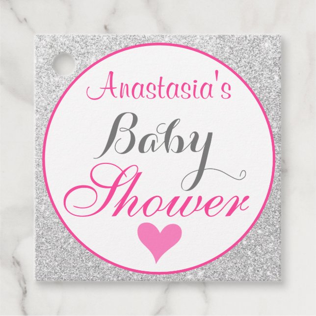 Girly Princess Pink und Silver Glitzer Kinderdusch Geschenkanhänger (Vorderseite)