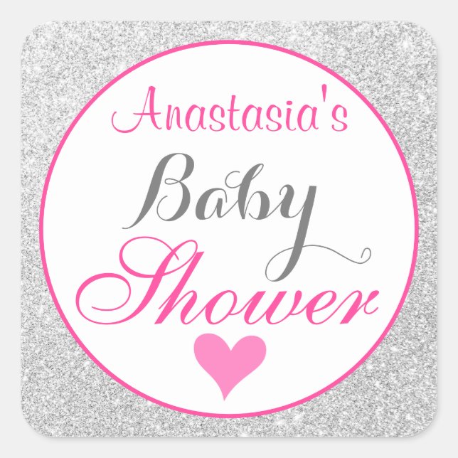 Girly Princess Pink und Silver Glitzer Kinderdusch Quadratischer Aufkleber (Vorderseite)