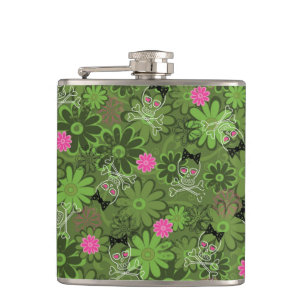 Girly Punkschädel auf Blumen-Camouflagehintergrun Flachmann