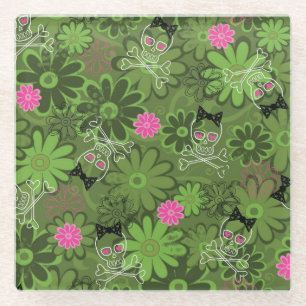 Girly Punkschädel auf Blumen-Camouflagehintergrun Glasuntersetzer