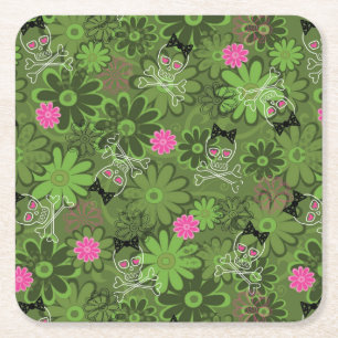 Girly Punkschädel auf Blumen-Camouflagehintergrun Rechteckiger Pappuntersetzer