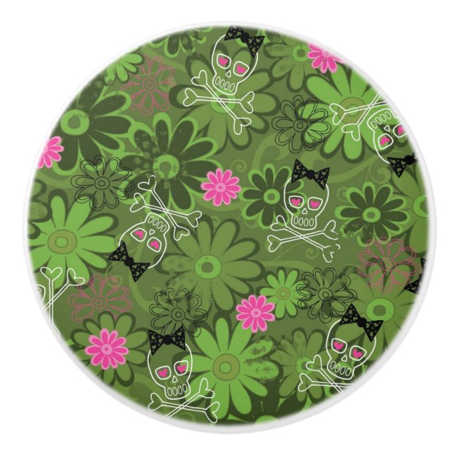 Girly Punkschädel auf Blumen-Camouflagehintergrund Keramikknauf (Vorderseite)