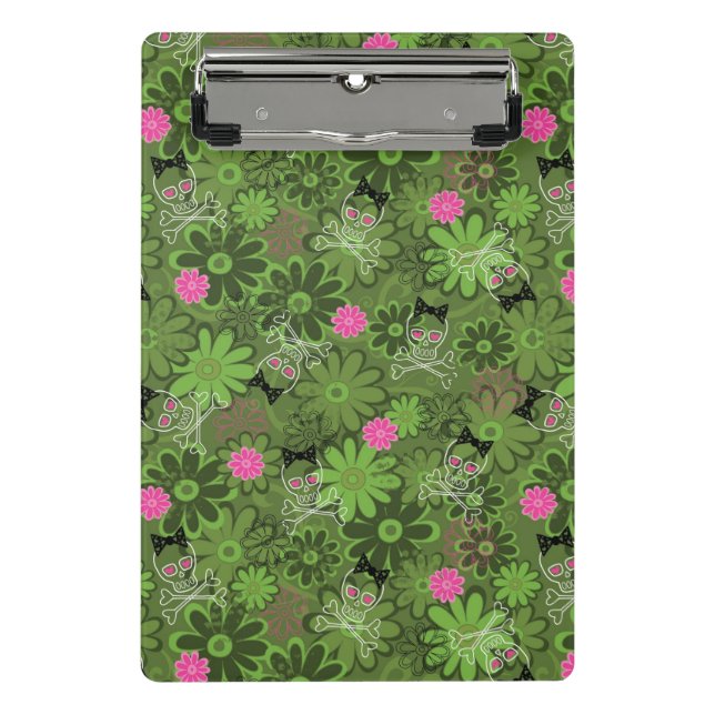 Girly Punkschädel auf Blumen-Camouflagehintergrund Mini Klemmbrett (Vorderseite)