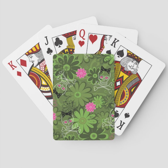 Girly Punkschädel auf Blumen-Camouflagehintergrund Spielkarten (Rückseite)
