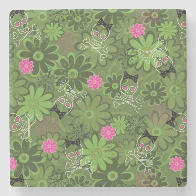 Girly Punkschädel auf Blumen-Camouflagehintergrund Steinuntersetzer (Vorderseite)