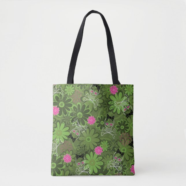 Girly Punkschädel auf Blumen-Camouflagehintergrund Tasche (Vorderseite)