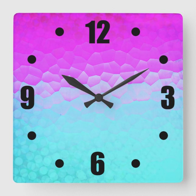Girly Purple Turquoise Ombre Mosaic Bokeh Pattern Quadratische Wanduhr (Vorderseite)