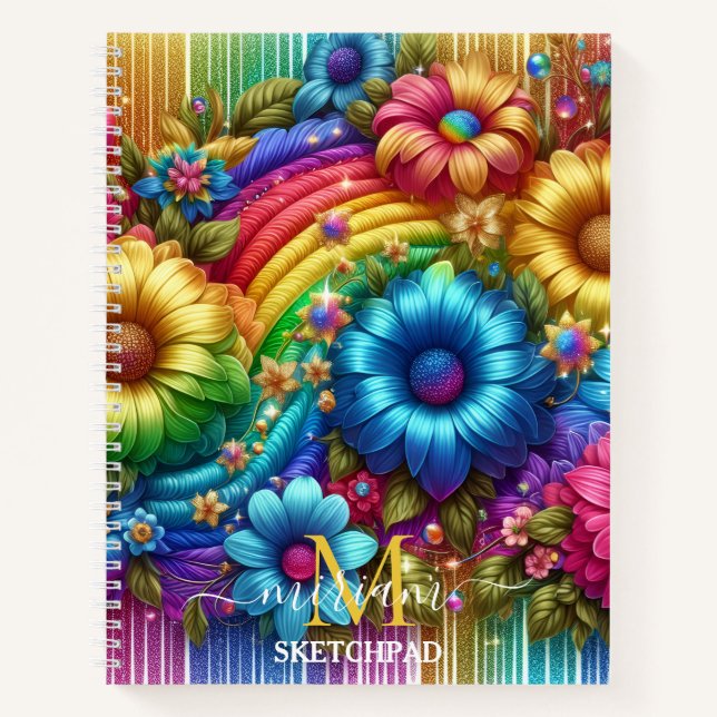 Girly Rainbow Floral Flower Monogram Notizbuch (Vorderseite)