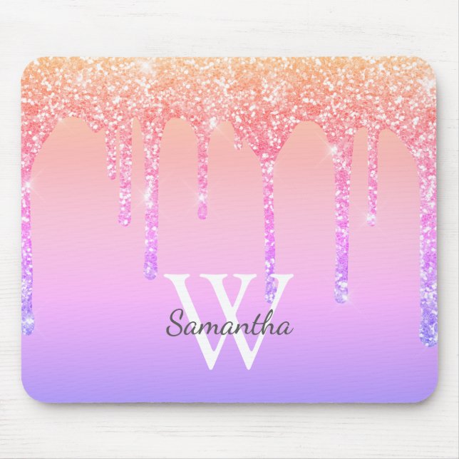 Girly Rainbow Glitzer Sparkle Tropfens Monogram Na Mousepad (Vorne)