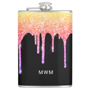 Girly Rainbow Glitzer Tropfen Sparkle Monogram Flachmann