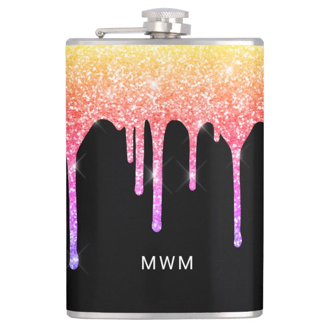 Girly Rainbow Glitzer Tropfen Sparkle Monogram Flachmann (Vorderseite)