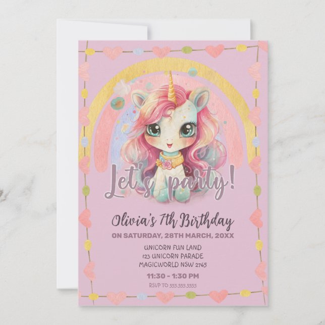 Girly Rainbow Pastel Lilac Kawaii Unicorn Geburtst Einladung (Vorderseite)