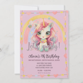 Girly Rainbow Pastel Lilac Kawaii Unicorn Geburtst Einladung