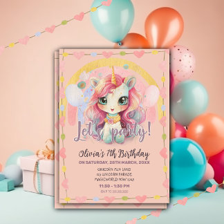 Girly Rainbow Pastel Pink Kawaii Unicorn Geburtsta Einladung