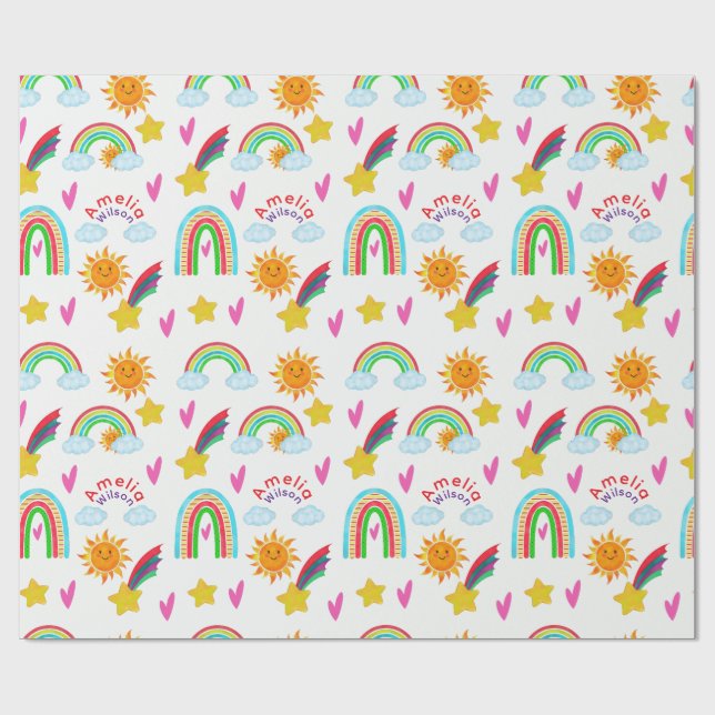 Girly Rainbow Sun Star Name Pattern for Kids Geschenkpapier (Flach)
