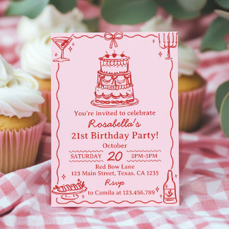 Girly Red and Pink Bow Cake Birthday Invitation Einladung