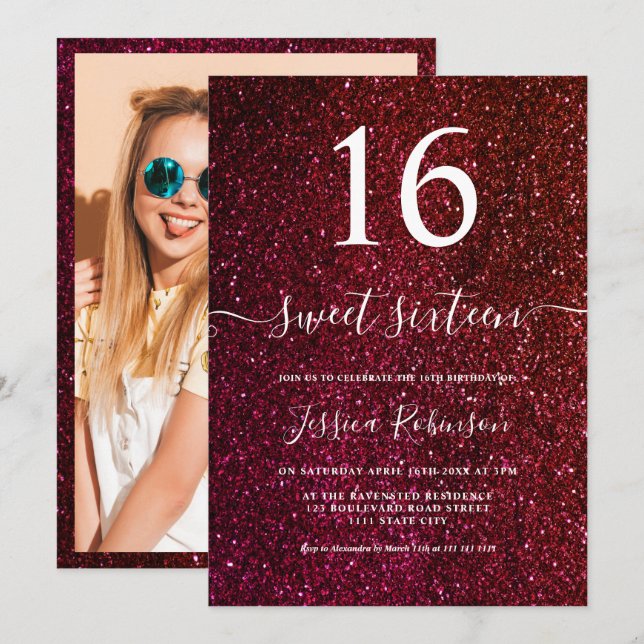 Girly Red Glitzer Drehbuchschick Sweet 16 Einladung (Vorne/Hinten)