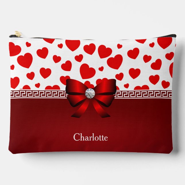 Girly Red Heart Ribbon & Diamond Custom Accessory Zubehörtasche (Vorderseite)