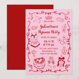 Girly Red Pink Hand Drawn Galentine's Pajama Party Einladung